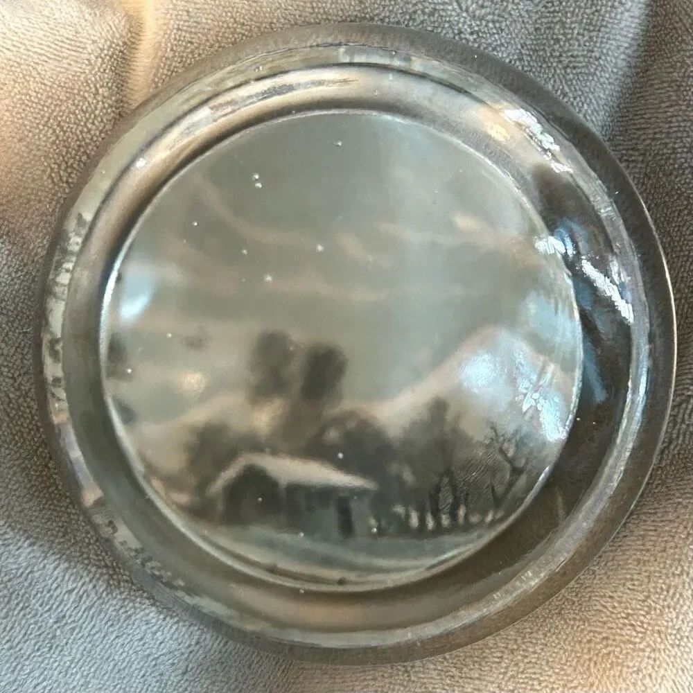 Vintage Glass Paperweight Winter Scene with Cabin and Snowy Mountains